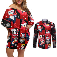 Penguin Winter Sports Christmas Couples Matching Off Shoulder Short Dress and Long Sleeve Button Shirt Cute Holiday Ski Snow Fun - Wonder Print Shop