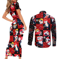 Penguin Winter Sports Christmas Couples Matching Short Sleeve Bodycon Dress and Long Sleeve Button Shirt Cute Holiday Ski Snow Fun - Wonder Print Shop