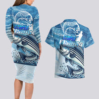 Striper Fishing Couples Matching Long Sleeve Bodycon Dress and Hawaiian Shirt Striped Bass Angler - Wonder Print Shop
