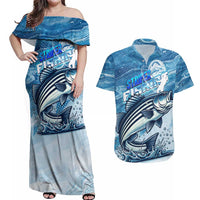 Striper Fishing Couples Matching Off Shoulder Maxi Dress and Hawaiian Shirt Striped Bass Angler - Wonder Print Shop