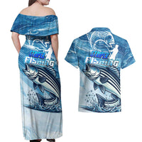 Striper Fishing Couples Matching Off Shoulder Maxi Dress and Hawaiian Shirt Striped Bass Angler - Wonder Print Shop