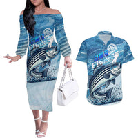 Striper Fishing Couples Matching Off The Shoulder Long Sleeve Dress and Hawaiian Shirt Striped Bass Angler - Wonder Print Shop