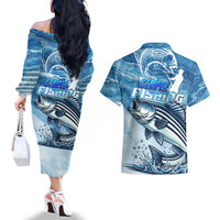 Striper Fishing Couples Matching Off The Shoulder Long Sleeve Dress and Hawaiian Shirt Striped Bass Angler - Wonder Print Shop