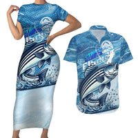 Striper Fishing Couples Matching Short Sleeve Bodycon Dress and Hawaiian Shirt Striped Bass Angler - Wonder Print Shop