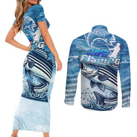 Striper Fishing Couples Matching Short Sleeve Bodycon Dress and Long Sleeve Button Shirt Striped Bass Angler - Wonder Print Shop