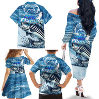 Striper Fishing Family Matching Off The Shoulder Long Sleeve Dress and Hawaiian Shirt Striped Bass Angler - Wonder Print Shop