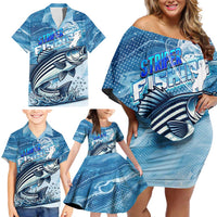 Striper Fishing Family Matching Off Shoulder Short Dress and Hawaiian Shirt Striped Bass Angler - Wonder Print Shop