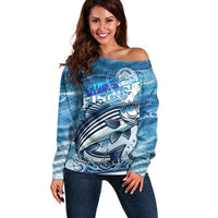 Striper Fishing Off Shoulder Sweater Striped Bass Angler - Wonder Print Shop