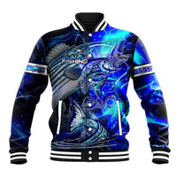 Blue Lightning Striped Bass Baseball Jacket Power Surge Fishing Hook Electric Print - Wonder Print Shop
