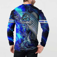 Blue Lightning Striped Bass Button Sweatshirt Power Surge Fishing Hook Electric Print - Wonder Print Shop