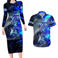 Blue Lightning Striped Bass Couples Matching Long Sleeve Bodycon Dress and Hawaiian Shirt Power Surge Fishing Hook Electric Print - Wonder Print Shop