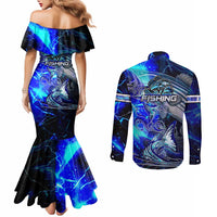 Blue Lightning Striped Bass Couples Matching Mermaid Dress and Long Sleeve Button Shirt Power Surge Fishing Hook Electric Print - Wonder Print Shop