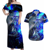 Blue Lightning Striped Bass Couples Matching Off Shoulder Maxi Dress and Hawaiian Shirt Power Surge Fishing Hook Electric Print - Wonder Print Shop