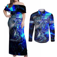 Blue Lightning Striped Bass Couples Matching Off Shoulder Maxi Dress and Long Sleeve Button Shirt Power Surge Fishing Hook Electric Print - Wonder Print Shop