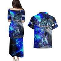 Blue Lightning Striped Bass Couples Matching Puletasi and Hawaiian Shirt Power Surge Fishing Hook Electric Print - Wonder Print Shop