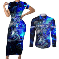 Blue Lightning Striped Bass Couples Matching Short Sleeve Bodycon Dress and Long Sleeve Button Shirt Power Surge Fishing Hook Electric Print - Wonder Print Shop