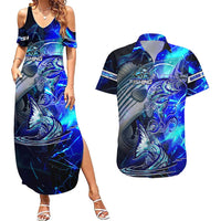 Blue Lightning Striped Bass Couples Matching Summer Maxi Dress and Hawaiian Shirt Power Surge Fishing Hook Electric Print - Wonder Print Shop