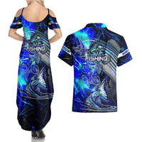 Blue Lightning Striped Bass Couples Matching Summer Maxi Dress and Hawaiian Shirt Power Surge Fishing Hook Electric Print - Wonder Print Shop
