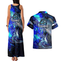 Blue Lightning Striped Bass Couples Matching Tank Maxi Dress and Hawaiian Shirt Power Surge Fishing Hook Electric Print - Wonder Print Shop