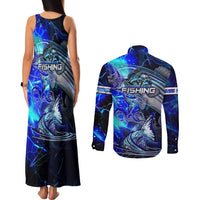Blue Lightning Striped Bass Couples Matching Tank Maxi Dress and Long Sleeve Button Shirt Power Surge Fishing Hook Electric Print - Wonder Print Shop
