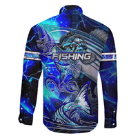 Blue Lightning Striped Bass Family Matching Long Sleeve Bodycon Dress and Hawaiian Shirt Power Surge Fishing Hook Electric Print - Wonder Print Shop