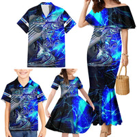 Blue Lightning Striped Bass Family Matching Mermaid Dress and Hawaiian Shirt Power Surge Fishing Hook Electric Print - Wonder Print Shop