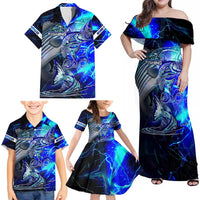 Blue Lightning Striped Bass Family Matching Off Shoulder Maxi Dress and Hawaiian Shirt Power Surge Fishing Hook Electric Print - Wonder Print Shop
