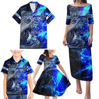 Blue Lightning Striped Bass Family Matching Puletasi and Hawaiian Shirt Power Surge Fishing Hook Electric Print - Wonder Print Shop