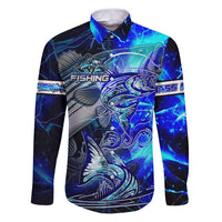 Blue Lightning Striped Bass Family Matching Puletasi and Hawaiian Shirt Power Surge Fishing Hook Electric Print - Wonder Print Shop