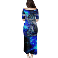 Blue Lightning Striped Bass Family Matching Puletasi and Hawaiian Shirt Power Surge Fishing Hook Electric Print - Wonder Print Shop