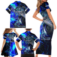 Blue Lightning Striped Bass Family Matching Short Sleeve Bodycon Dress and Hawaiian Shirt Power Surge Fishing Hook Electric Print - Wonder Print Shop