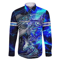 Blue Lightning Striped Bass Family Matching Short Sleeve Bodycon Dress and Hawaiian Shirt Power Surge Fishing Hook Electric Print - Wonder Print Shop