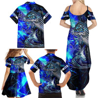 Blue Lightning Striped Bass Family Matching Summer Maxi Dress and Hawaiian Shirt Power Surge Fishing Hook Electric Print - Wonder Print Shop