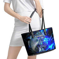 Blue Lightning Striped Bass Leather Tote Bag Power Surge Fishing Hook Electric Print - Wonder Print Shop