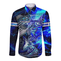Blue Lightning Striped Bass Long Sleeve Button Shirt Power Surge Fishing Hook Electric Print - Wonder Print Shop