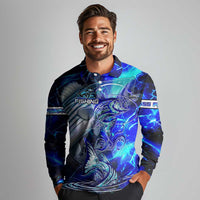 Blue Lightning Striped Bass Long Sleeve Polo Shirt Power Surge Fishing Hook Electric Print - Wonder Print Shop