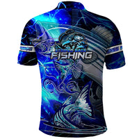 Blue Lightning Striped Bass Polo Shirt Power Surge Fishing Hook Electric Print - Wonder Print Shop