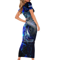 Blue Lightning Striped Bass Short Sleeve Bodycon Dress Power Surge Fishing Hook Electric Print - Wonder Print Shop