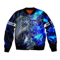 Blue Lightning Striped Bass Sleeve Zip Bomber Jacket Power Surge Fishing Hook Electric Print - Wonder Print Shop