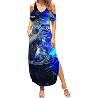 Blue Lightning Striped Bass Summer Maxi Dress Power Surge Fishing Hook Electric Print - Wonder Print Shop