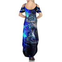 Blue Lightning Striped Bass Summer Maxi Dress Power Surge Fishing Hook Electric Print - Wonder Print Shop