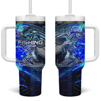 Blue Lightning Striped Bass Tumbler With Handle Power Surge Fishing Hook Electric Print - Wonder Print Shop