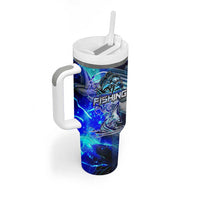 Blue Lightning Striped Bass Tumbler With Handle Power Surge Fishing Hook Electric Print - Wonder Print Shop