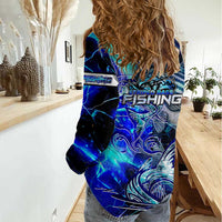 Blue Lightning Striped Bass Women Casual Shirt Power Surge Fishing Hook Electric Print - Wonder Print Shop