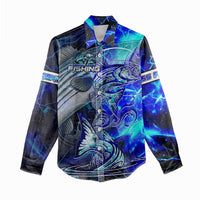 Blue Lightning Striped Bass Women Casual Shirt Power Surge Fishing Hook Electric Print - Wonder Print Shop