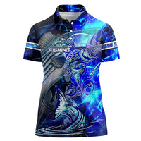 Blue Lightning Striped Bass Women Polo Shirt Power Surge Fishing Hook Electric Print - Wonder Print Shop
