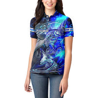 Blue Lightning Striped Bass Women Polo Shirt Power Surge Fishing Hook Electric Print - Wonder Print Shop