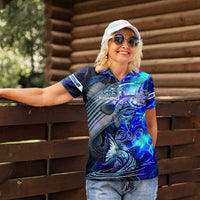 Blue Lightning Striped Bass Women Polo Shirt Power Surge Fishing Hook Electric Print - Wonder Print Shop