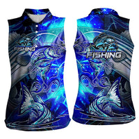 Blue Lightning Striped Bass Women Sleeveless Polo Shirt Power Surge Fishing Hook Electric Print - Wonder Print Shop