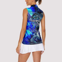 Blue Lightning Striped Bass Women Sleeveless Polo Shirt Power Surge Fishing Hook Electric Print - Wonder Print Shop